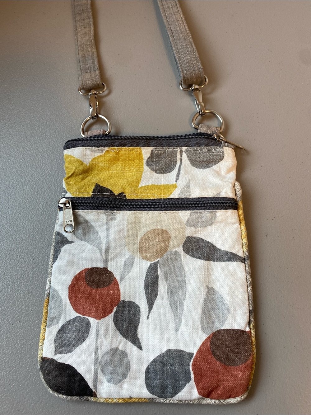 Floral Canvas Crossbody Bag in White, Gray & Rust